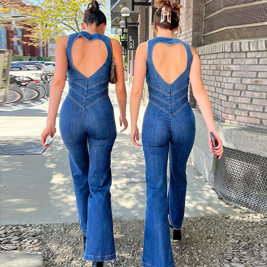 Summer Slim Heart-shape Backless Denim Jumpsuit Women Halter Neck Zip Up High Waist Panst Retro Style Clothing Kaps B International