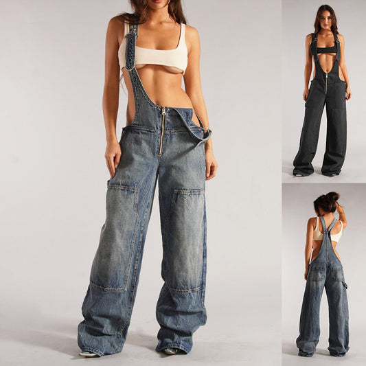 Denim Overalls With Pockets Fashion Loose Jumpsuit Streetwear Zipper Jeans Pants Womens Clothing