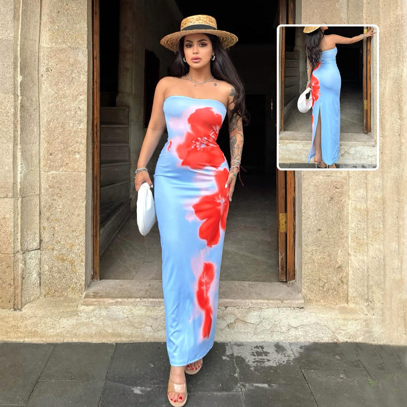 Slim Slit Tube Long Dress Summer Sexy Pint Party Beach Dresses Women's Clothing Kaps B International