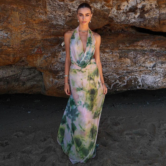 2pcs Tie Dye Printing Deep V-neck Suits Fashion Halter Backless Long Dresses For Beach Party Womens Clothing