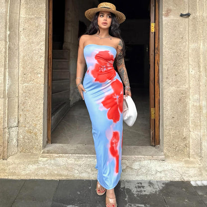 Slim Slit Tube Long Dress Summer Sexy Pint Party Beach Dresses Women's Clothing Kaps B International