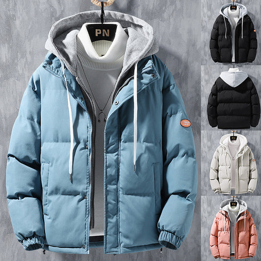 Fashion Hooded Jacket Men Winter Windproof Thickened Fake Two-piece Coat Solid Leisure Sports Cotton Jacket Kaps B International