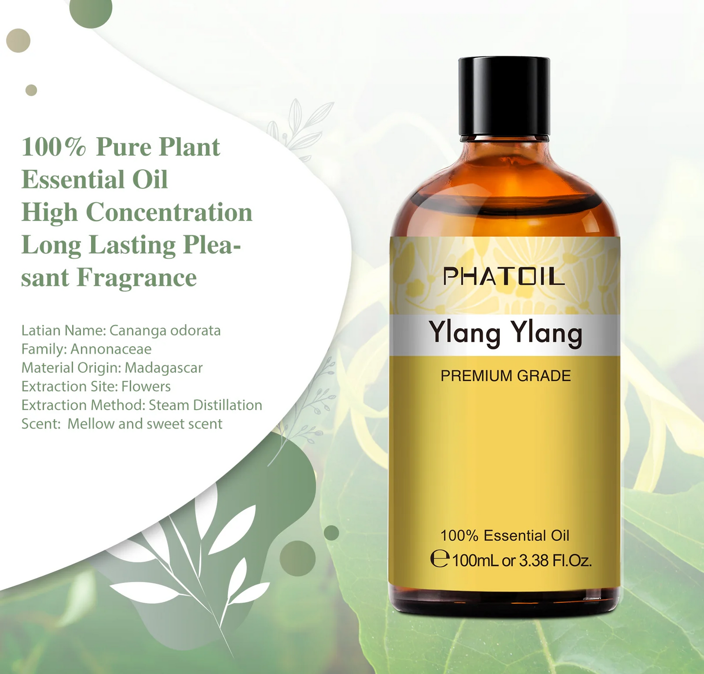 PHATOIL 100ML Ylang Ylang Essential Oil, Premium Essential Oils for Diffuser, Humidifier, 3.38fl.oz Scented Oils for Soap, Candle Making… PHATOIL